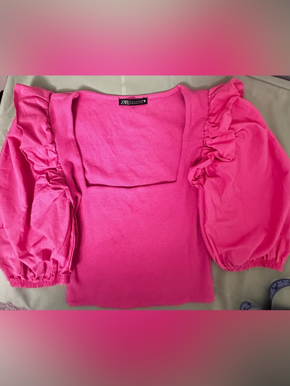 ZARA Pink Ribbed Balloon Sleeve Square Neck Crop Top Blouse Size S